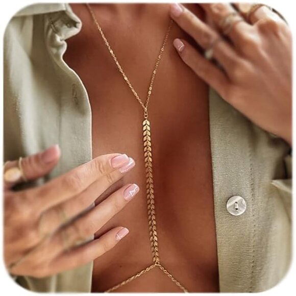 Gold Body Chain for Women Pearl Rhinestone Bra Waist Necklace No Tarnish - Picture 1 of 4